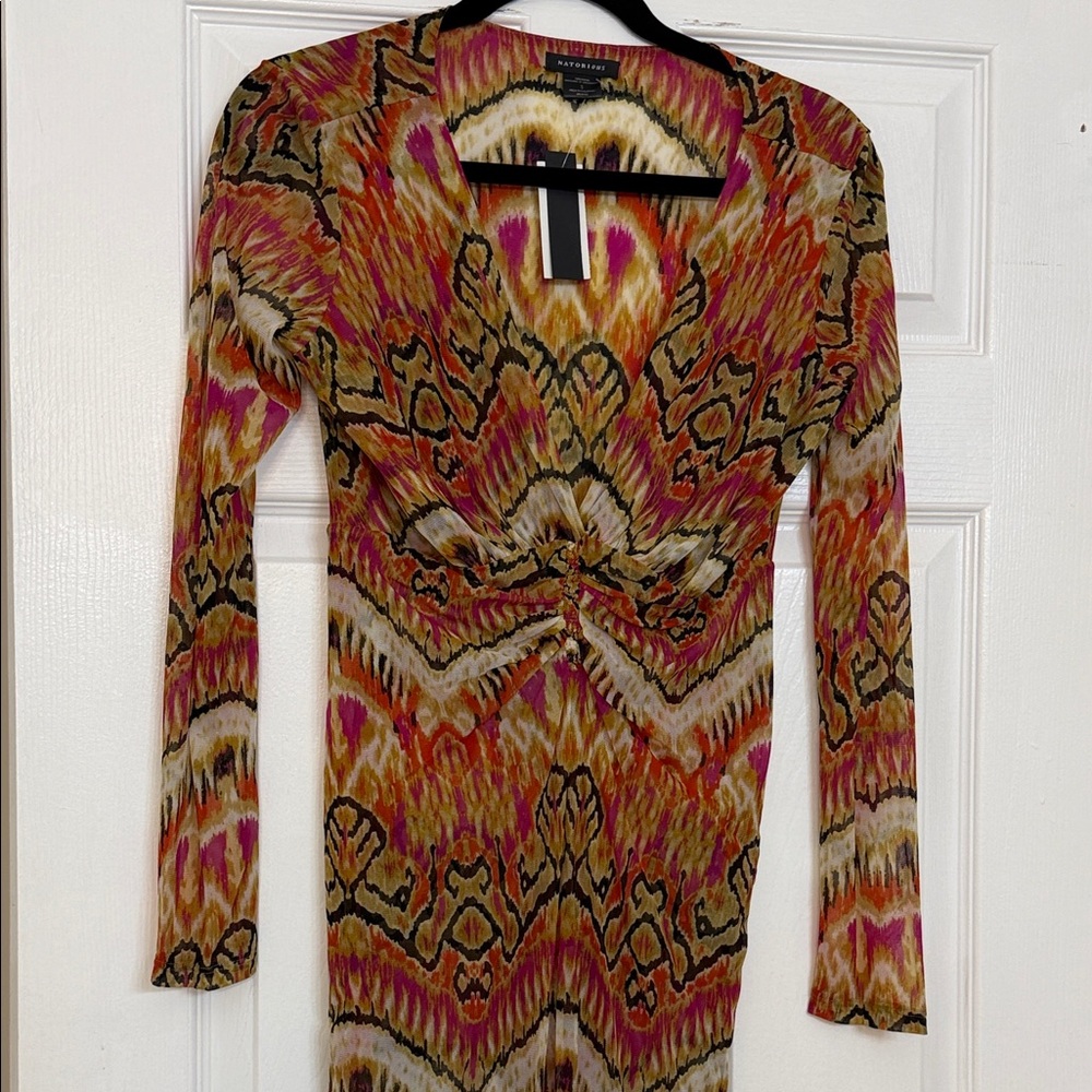 Vibrant Patterned Midi Dress with Long Sleeves